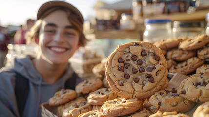 Teen boy smiling with chocolate chip cookies at stall
