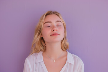 Soft pastel hues inspired by pastel paintings, a confident 19-year-old girl showcasing style and happiness on a solid lavender background