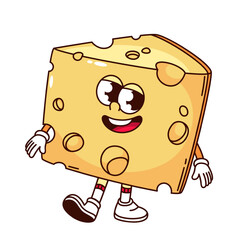 Groovy cheese slice cartoon character walking with smile. Funny retro yellow triangle piece of cheese with holes, dairy mascot, cartoon breakfast food sticker of 70s 80s style vector illustration