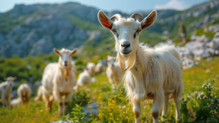 Fototapeta premium Goats grazing in mountainous region