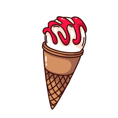 Groovy cartoon scoop of ice cream in waffle cone. Funny retro vanilla sundae with sprinkle of strawberry sauce, dairy mascot, cartoon sweet ice dessert sticker of 70s 80s style vector illustration