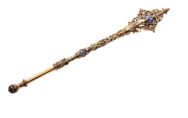 A majestic sword adorned with gold and blue crystals, shining on a pure white backdrop