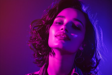 A stylish 19-year-old girl oozes confidence and joy against a solid deep purple background