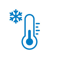 Cold temperature, keep frozen label, blue thermometer with snowflake icon vector illustration on white background. Cold Weather Flat Sign. Storage in refrigerator and freezer.