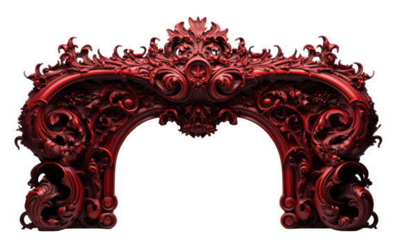 A vibrant red arch, intricately carved, stands in contrast against a clean white background