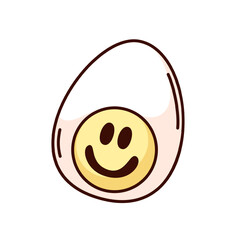 Groovy half peeled boiled egg cartoon character with funny face. Funny retro egg with smile on yellow yolk, happy morning food mascot, cartoon breakfast sticker of 70s 80s style vector illustration