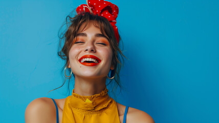 Contemporary and edgy style reminiscent of fashion magazine covers, featuring a 19-year-old girl exuding confidence and joy