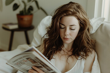 Clean, minimalist photography capturing an elegant brown-haired woman in her forties, immersed in a magazine - obrazy, fototapety, plakaty