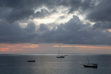 Sunset Nungwi beach along the coast of Zanzibar.