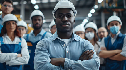 A confident male worker in a hardhat stands with arms crossed, team of workers in masks behind him. Confident worker with team in background - obrazy, fototapety, plakaty