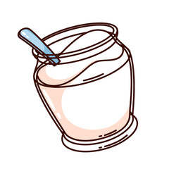 Groovy cartoon glass jar with fresh cream and spoon. Funny retro bottle with yoghurt or sour cream with calcium, healthy dairy product mascot, cartoon sticker of 70s 80s style vector illustration