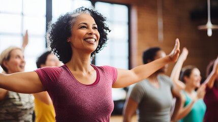 A happy woman in a purple top is standing with arms raised in joy during a group workout session in a gym with others. Woman enjoying fitness class with group
