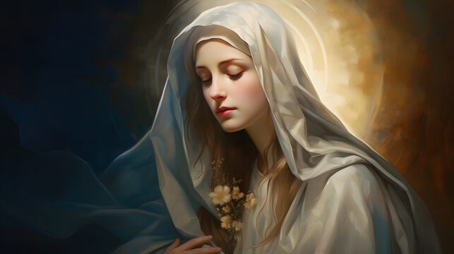 A digitally painted image of Virgin Mary with a halo and a serene expression, depicted with a blue robe and white veil