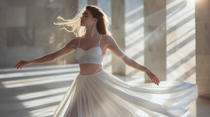 Woman in White Dress Dancing. Generative AI