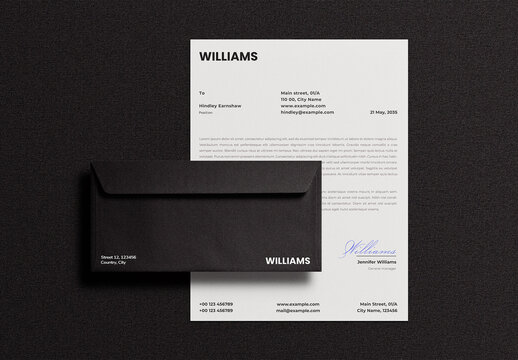 Black Letterhead Letter Envelope Identity Branding Logo Logotype Corporate Stationary Minimal Mockup Template