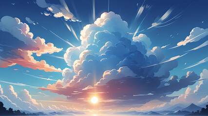 Anime cloud in blue heaven sky vector background. Summer abstract cloudy air design with gradient and sun light with reflection. Beautiful calm morning game outdoor panorama with sunshine painting. - obrazy, fototapety, plakaty