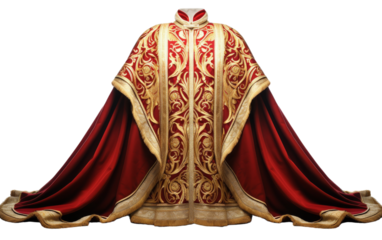 A regal cloak in vibrant red adorned with intricate gold trim glistens under the sunlight