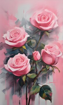 Bouquet of pink roses. Acrylic painting. Greeting card for Valentine's Day, birthday, wedding, anniversary or Mother's Day