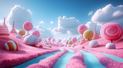 Lollylops sweet lansdcape background. Candyland scene for game or presentation design. 3D render. Holiday, birthday, baby shower, concept.