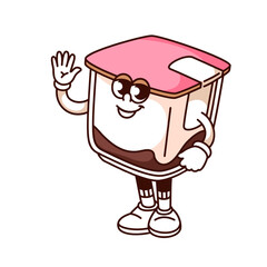 Groovy plastic box cartoon character with sweet milk dessert. Funny retro transparent package with lid waving and greeting, dairy box mascot, cartoon sticker of 70s 80s style vector illustration