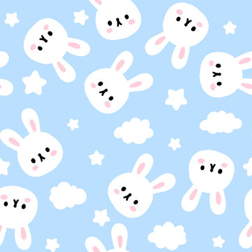 Fototapeta cute hand drawn bunny in the sky with stars and clouds on a pastel blue background, kids seamless pattern for textile
