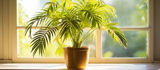 A green potted plant placed on a window sill with natural light shining through the window