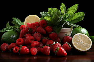 Fresh strawberries, lemon, raspberries and mint