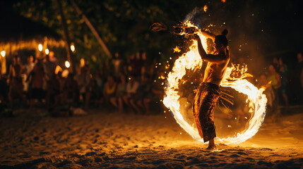 A person performing a dance with fire at a beach party, flames billowing around, enthusiastic...