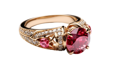 A gold ring adorned with a vibrant red stone and dazzling diamonds