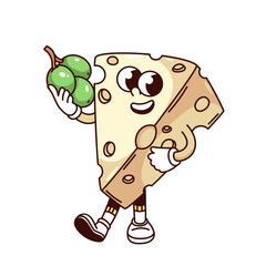 Groovy cheese slice cartoon character holding bunch of grapes. Funny retro appetizer for cheese plate, dairy mascot, cartoon piece of cheese with holes sticker of 70s 80s style vector illustration