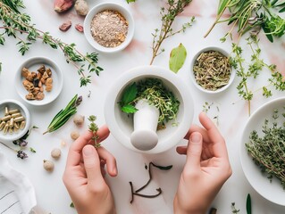 a picture of one hand making Chinese herbal medicine with a pestle and mortar, with the Japanese-style text Chai Rui flat white font above - obrazy, fototapety, plakaty