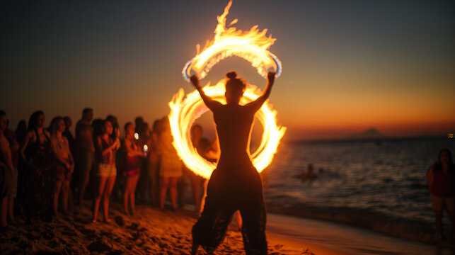 A person performing a dance with fire at a beach party, flames billowing around, enthusiastic onlookers in the background, skill and excitement in controlling the elements