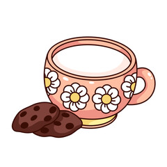 Groovy cartoon cup of milk with chocolate chip cookies. Funny retro pink mug with flowers and biscuit, breakfast nutrition mascot, cartoon milk and snack sticker of 70s 80s style vector illustration