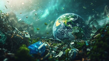 Fototapeta na wymiar Globe on Pile of Plastic Waste