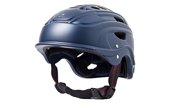 A baseball helmet sits prominently on a white background, ready for action