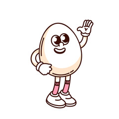 Groovy white egg cartoon character greeting with smile. Funny retro egg waving hand to say Hi and Welcome, nutrition mascot, cartoon poultry farm product sticker of 70s 80s style vector illustration