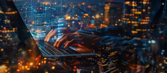 Digital technology concept. a businessman's hands typing on a laptop keyboard with a digital connection line and a city background 