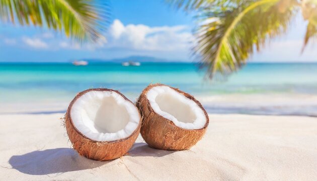 Tropical Beach Paradise with Fresh Coconuts on White Sand. Summer Vacation and Natural Refreshment Concept 