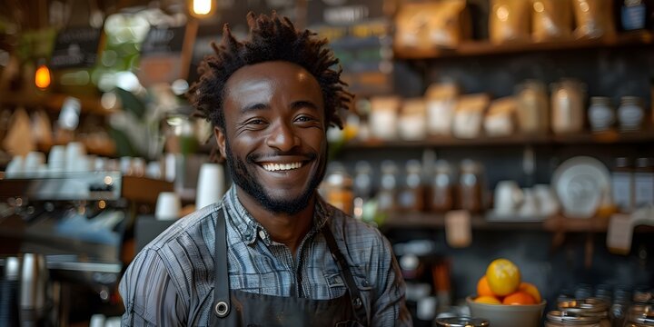 African American barista smiling while working in a coffee shop amidst a financial crisis. Concept Smiling Barista, Coffee Shop, Financial Crisis, African American, Work Environment