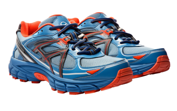 A pair of vibrant blue and orange running shoes ready for action