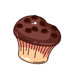 Groovy cartoon muffin with chocolate chips. Funny retro dessert of cake menu for birthday party, bakery and confectionery mascot, cartoon chocolate snack sticker of 70s 80s style vector illustration