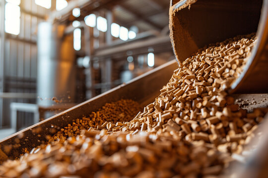 Pellets being used in a biomass boiler, action shot of the pellets feeding into the machine, industrial setting