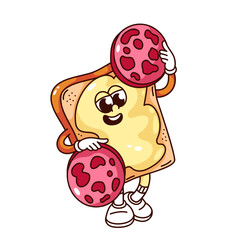 Groovy toast bread with butter cartoon character holding sausage slices. Funny retro happy bread piece with smile, morning food mascot, cartoon sandwich sticker of 70s 80s style vector illustration