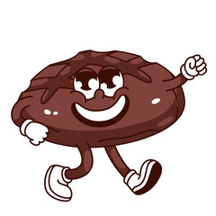 Groovy round rye bread cartoon character walking with smile. Funny retro happy brown bread for sandwich, traditional bakery product mascot, cartoon sticker of 70s 80s style vector illustration