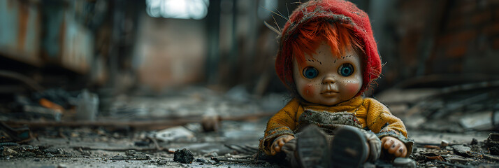 Neglected toy doll with red hair living alone in,
Fantastic rain day