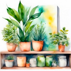 house plants in pots green plants in the room house plants in pots illustration watercolor ink art ai generated