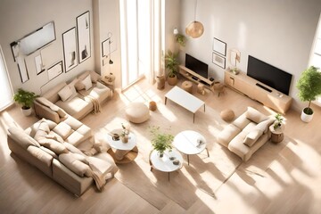 Beige living room corner with TV and couch, top view