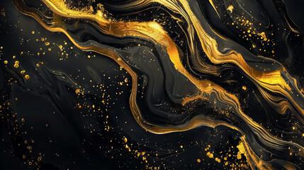 Gold abstract waves on the black background. Paint waves texture.