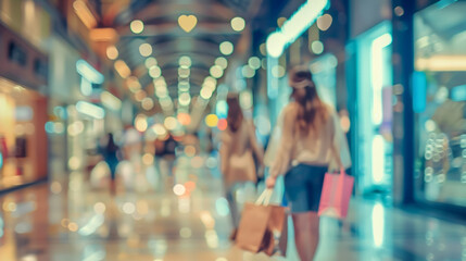 Blurred background with women shopping. Shopping mall, motion blur. Young girls with packages. - obrazy, fototapety, plakaty