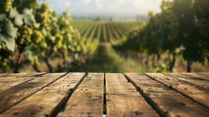 Empty wooden table top with blurred vineyard landscape on background. Mockup for wine products....